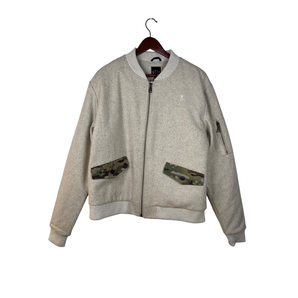 Qilo Wool Bomber Jacket Large Cream MultiCam Camo Tactical Quilted Lining NEW